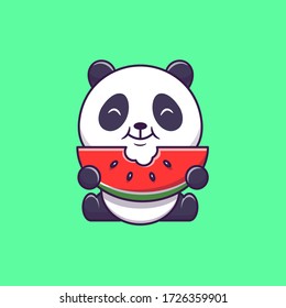 Cute Panda Eating Watermelon Vector Icon Illustration. Animal Music Icon Concept Isolated Premium Vector. Flat Cartoon Style 