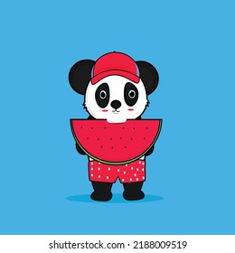 Ilustración del Icono del Vector de sandía Cute Panda Eating Watermelon. Vector Premium Aislado De Concepto De Icono De Música Animal. Estilo de dibujo plano