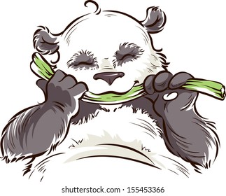 Cute panda eats bamboo. Vector illustration on white background.