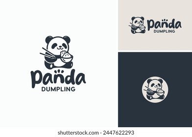 A cute panda eats dimsum dumpling  gyoza jiaozi shumai xiao long bao mandu from bowl with chopsticks. Mascot logo design for asian chinese korean japanese oriental cuisine restaurant.