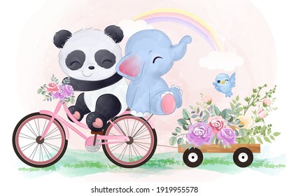 Cute panda and elephant riding together illustration