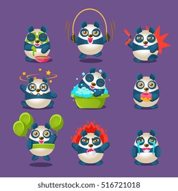 Cute Panda Emotions And Activities Collection With Humanized Cartoon Character Doing Different Things