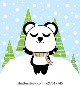 Cute panda enjoy snow fall vector cartoon, Xmas postcard, wallpaper, and greeting card, T-shirt design for kids