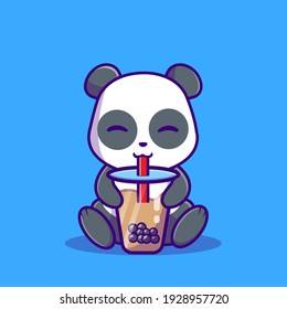 
Cute Panda Is Enjoying Drink Milk Boba Illustration Icon Cartoon