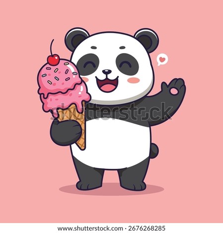 Cute panda enjoying ice cream with a cherry on top. vector illustration