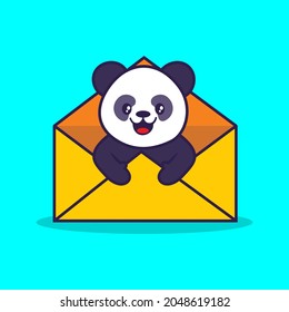 Cute panda en el sobre el icono de correo el concepto caricatura ilustración vectorial aislado