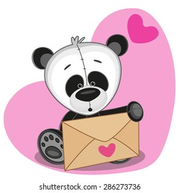 Cute Panda in with envelope on a heart background
