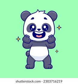 Cute Panda Excited Cartoon Vector Icon Illustration. Animal Nature Icon Concept Isolated Premium Vector. Flat Cartoon Style