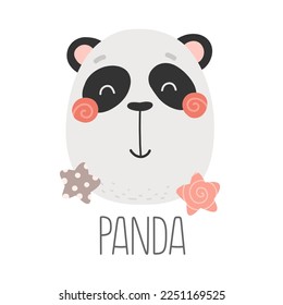 Cute panda face, animal cartoon character, print for clothes. Vector illustration.
