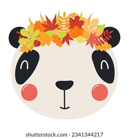 Cute panda face in autumn leaves crown character illustration. Hand drawn animal, Scandinavian style flat design, isolated vector. Kids autumn, fall print, element, seasonal activity