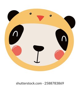 Cute panda face in chick hat Easter character illustration. Hand drawn flat style design, isolated vector. Holiday clip art, seasonal card, banner, poster, kids print element