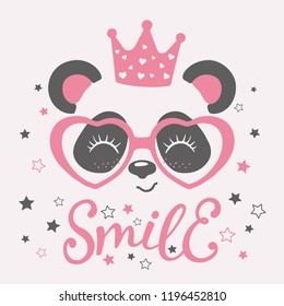Cute panda face with crown, pink heart glasses. Princess. Smile slogan. Vector illustration for children print design, kids t-shirt, baby wear