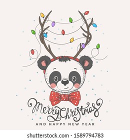 Cute panda face with deer horns, christmas garland, bow tie. Christmas card. New Year. Season's Greetings. Vector illustration