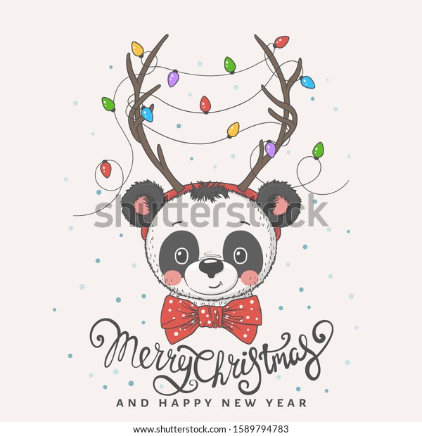 Cute Panda Face Deer Horns Christmas Stock Vector (Royalty Free ...