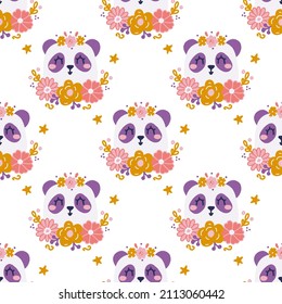 Cute panda face with flowers on white background, vector seamless pattern in flat hand drawn style.
