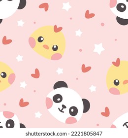 Cute panda face flying with yellow chicken and red hearts, dots on a pink girly background. Wrapping paper valentines design, fabric and textile colorful print.