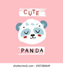 Cute Panda Face. Funny Panda Bear Head for Tee Print Design for Kids. Chinese or Bamboo Bear. Vector Cartoon Little Baby Animal. Scandinavian Card, Print or Poster Design