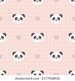 Cute panda face on a pastel pink grid seamless background with kawaii hearts, kids woodland animals pattern for wrapping paper, fabric and textile print