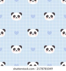 Cute panda face on a pastel blue grid seamless background with kawaii hearts, kids woodland animals pattern for wrapping paper, fabric and textile print