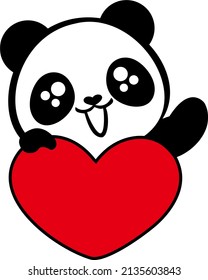 cute panda face with red heart 