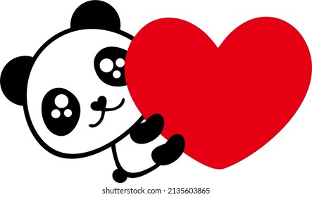 cute panda face with red heart 