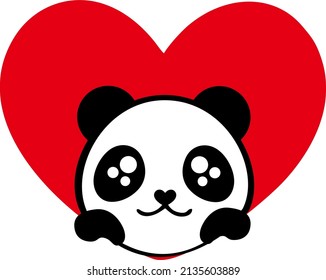 cute panda face with red heart 