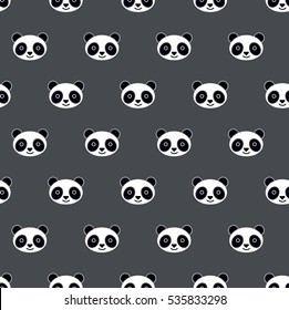 Cute panda face repeated backdrop on grey background. Abstract Seamless pattern for girls, boys, children fashion textile. Creative characters animal wallpaper. Monochrome paper wrapping. 