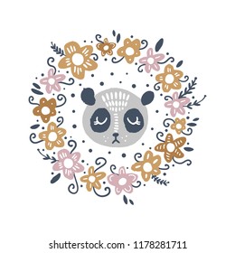 Cute panda face. Scandinavian style illustration, icon. Flowers frame template