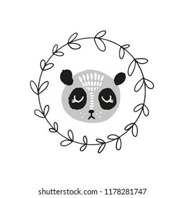 Cute panda face. Scandinavian style illustration, icon. Frame template