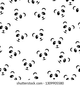 Cute panda face. Seamless cartoon wallpaper. Black and white