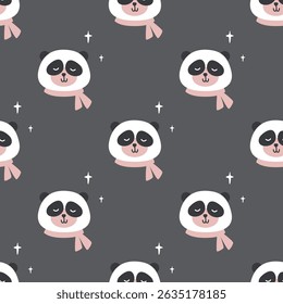 Cute panda face seamless pattern. Wild animal head with scarf. Texture pattern doodle chinese panda bear. Design for fashion, background, fabric, wallpaper, wrapping, card. flat vector illustration