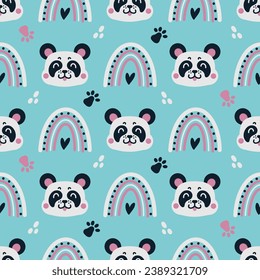 Cute panda face seamless vector pattern. Smiling bear cub with a bright rainbow, hearts, paw prints on a blue background. Funny baby animal. Flat cartoon illustration for fabric, wallpaper, print