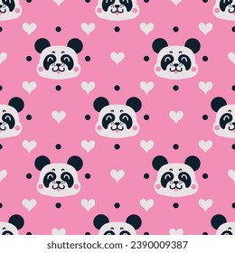 Cute panda face seamless vector pattern. Smiling baby bear with hearts, polka dots on a pink background. Funny animal, bright backdrop for girls. Flat cartoon illustration for fabric, wallpaper, print