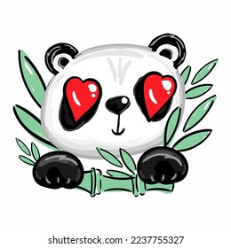 Cute Panda Face Vector Icon with hearts on bamboo for print t shirts