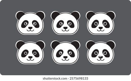 Cute Panda Face Vector Set - Black and White Minimalist Icons for Graphic Design Projects