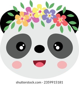 Cute panda face with wreath floral on head