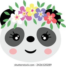 Cute panda face with wreath floral on head
