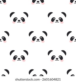 Cute panda faces on white background. Simple vector seamless pattern.