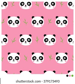 Cute panda faces seamless vector pattern with bamboo leaves