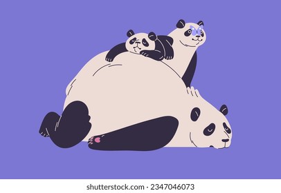 Cute panda Familie. Hübscher asiatischer Bär, flauschige Babys, müde Mutter schlafen, Tiere verbringen Zeit zusammen, Mutterschaft und Kindheitkonzept. Fröhliche Charaktere ruhen bei Kindern. Flache einzelne Vektorgrafik