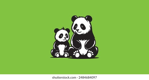 Cute Panda Family Illustration in Black and White