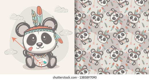cute panda with feathers with seamless pattern. Can be used for kids/babies shirt design, fashion print design,t-shirt, kids wear,textile design,celebration card/ greeting card, vector