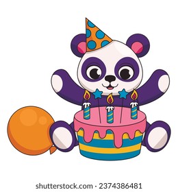 Panda lindo en una gorra festiva con un pastel, velas ardientes y un globo. Feliz cumpleaños. Gráfico vectorial.