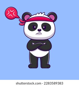 Cute Panda Fighter Angry With Folding Hand Cartoon Vector Icons Illustration. Flat Cartoon Concept. Suitable for any creative project.