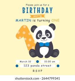 Cute panda first birthday invitation card template for a boy. Vector illustration.