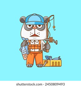 Cute panda fisher fishing animal chibi character mascot icon flat line art style illustration concept cartoon set