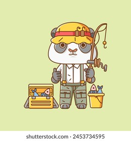 Cute panda fisher fishing animal chibi character mascot icon flat line art style illustration concept cartoon