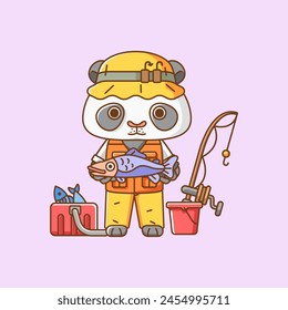 Cute panda fisher fishing animal chibi character mascot icon flat line art style illustration concept cartoon