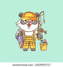 Cute panda fisher fishing animal chibi character mascot icon flat line art style illustration concept cartoon