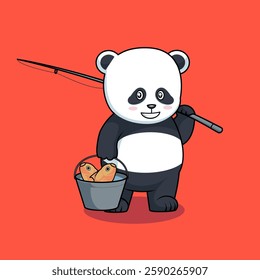 Cute Panda Fisherman Cartoon Illustration